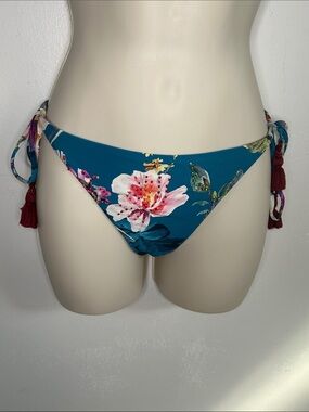 PQ Swim Teal Floral Tie-Side Bikini Bottoms with Burgundy Tassels